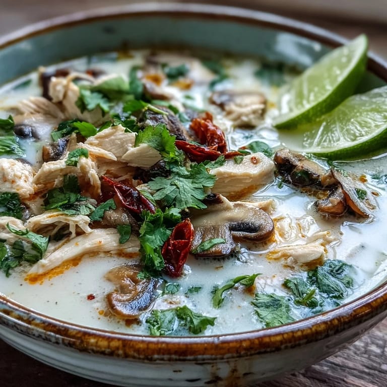 A steaming bowl of Tom Kha Gai served with lime wedges and jasmine rice on a rustic table.