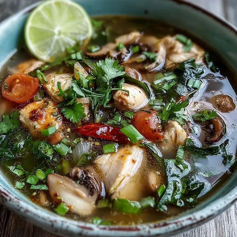 Tender chicken and sliced mushrooms simmer in a vibrant, spicy broth, with visible specks of chilies and herbs in this aromatic Tom Yum Chicken soup.
