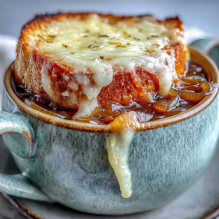 Hearty French Onion Soup garnished with thyme and freshly ground black pepper, served in a rustic ceramic bowl.