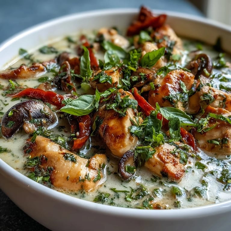 Tender chicken pieces, sliced red bell peppers, and snow peas swimming in a vibrant red Thai coconut curry soup, served with a spoon.