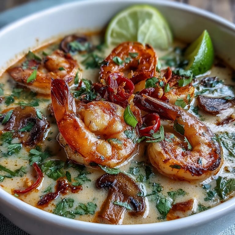 Steaming Thai Coconut Shrimp Soup in a rustic bowl, featuring succulent shrimp, mushrooms, and vibrant red chili slices.  