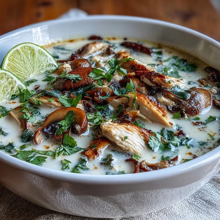 Hot and sour Tom Kha Soup served in a rustic bowl with jasmine rice on the side.