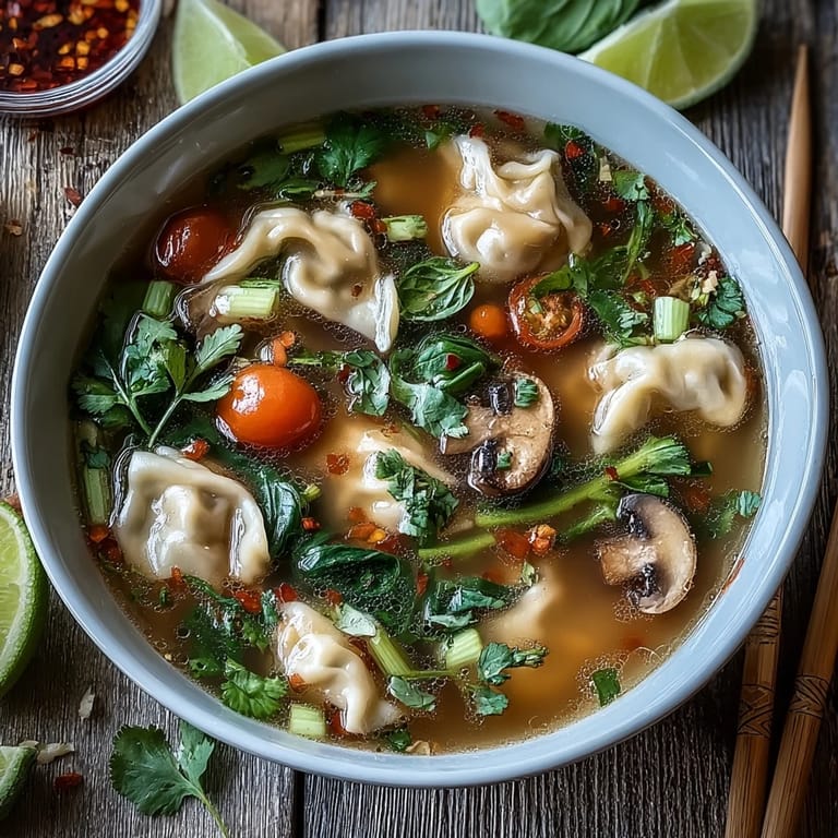 Vibrant Tom Yum Wonton Soup in a rustic bowl, garnished with chili slices and green onions, ready for a comforting lunch.