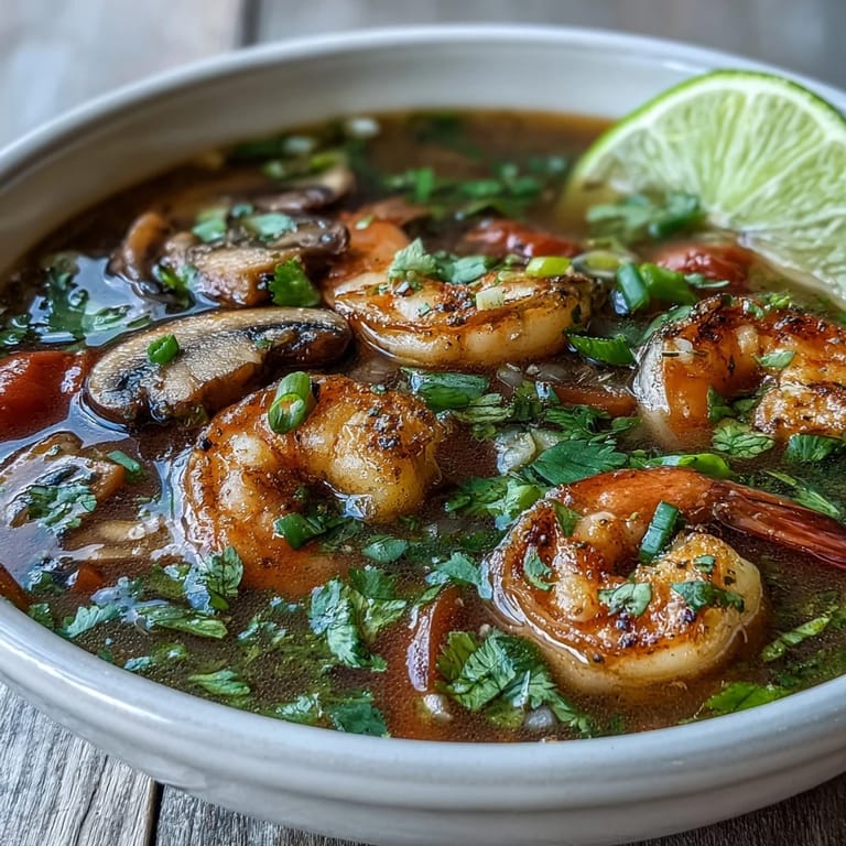 Overhead view of homemade Tom Yum Soup with shrimp, mushrooms, and fresh herbs, served alongside a bowl of fluffy steamed rice.