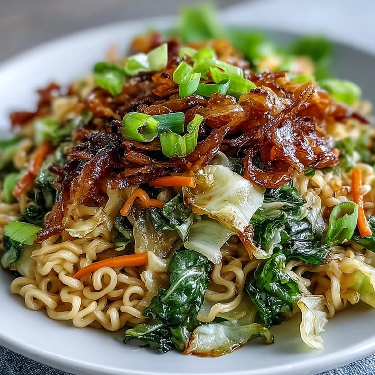 Chopsticks lifting a bite of savory Fried Cabbage Ramen and crunchy vegetables.