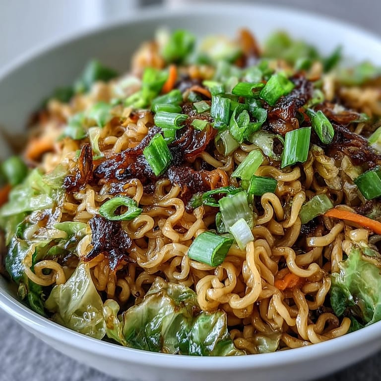 Quick weeknight Fried Cabbage Ramen served with a spicy sauce and carrots.