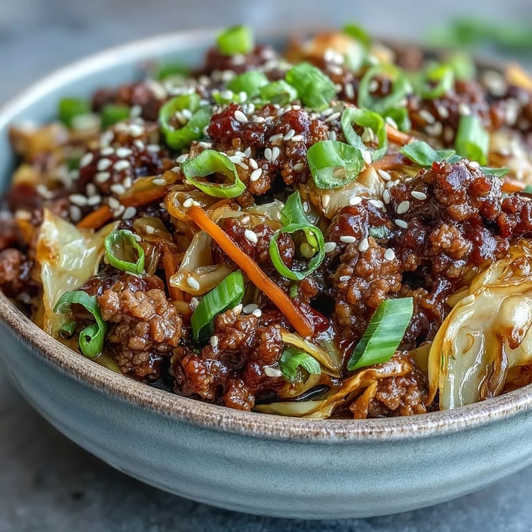 A plated serving of Chinese Ground Beef and Cabbage Stir-Fry garnished with green onions, ready for a low-carb weeknight dinner.