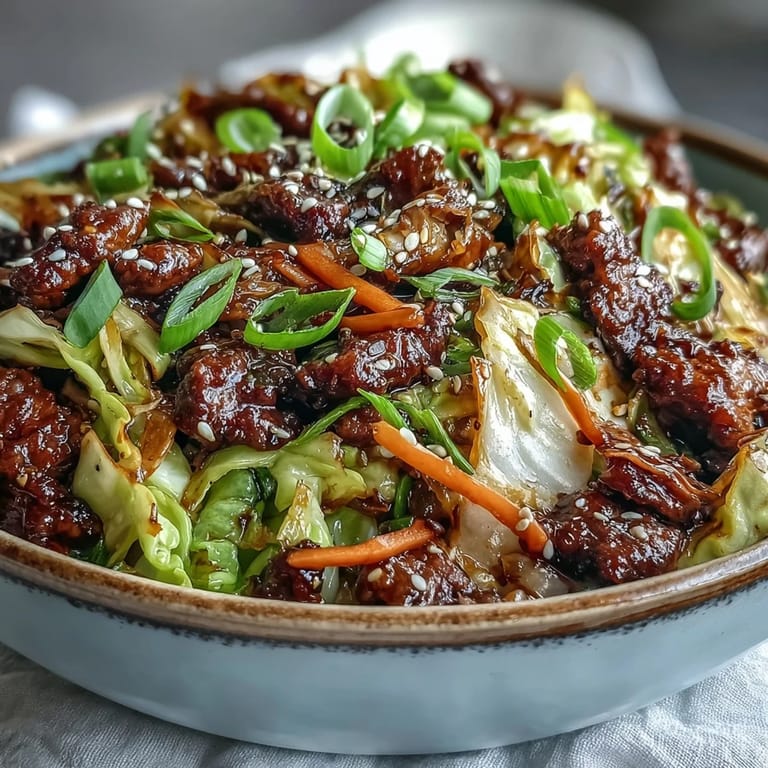 Close-up shot showing juicy ground beef and shredded cabbage tossed in a rich, glossy umami sauce for Chinese Ground Beef and Cabbage Stir-Fry.