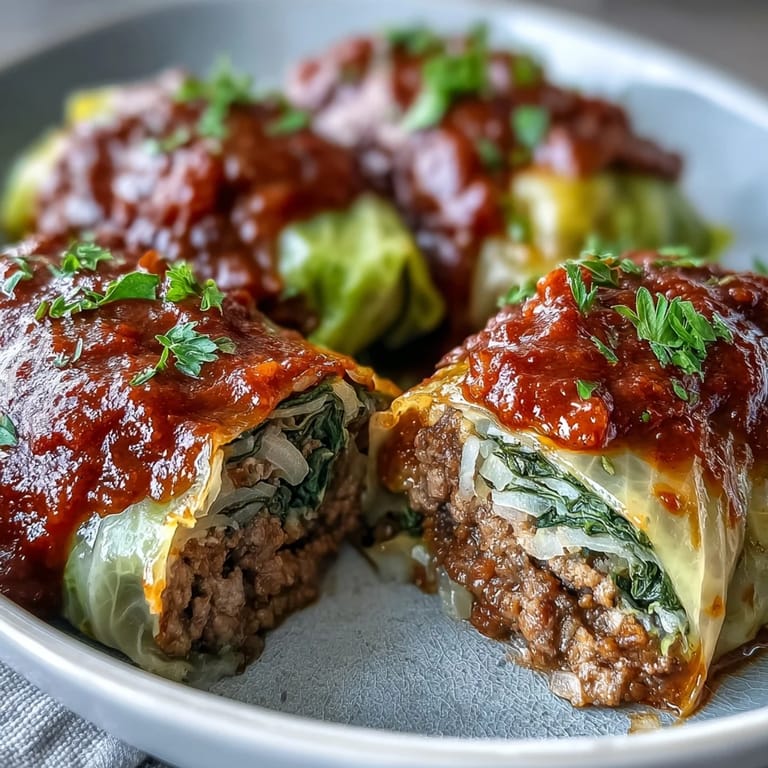 Freshly baked Cabbage Rolls sit in a dish, garnished with vibrant green parsley leaves.