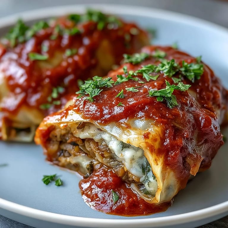 Tender cabbage leaves stuffed with lentils and brown rice, bubbling in tomato sauce.