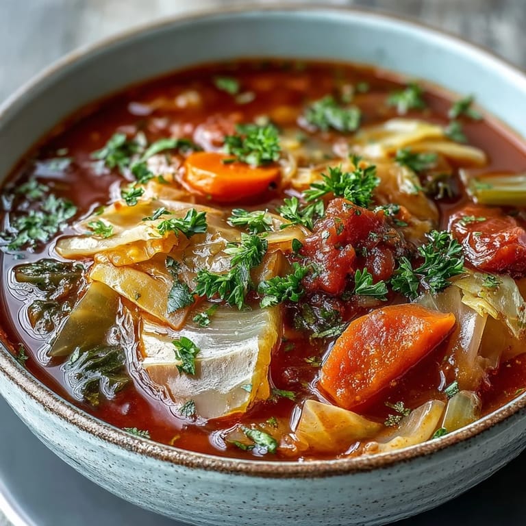 Serving Classic Cabbage Soup with crusty bread, rich tomato broth, and fresh herbs.