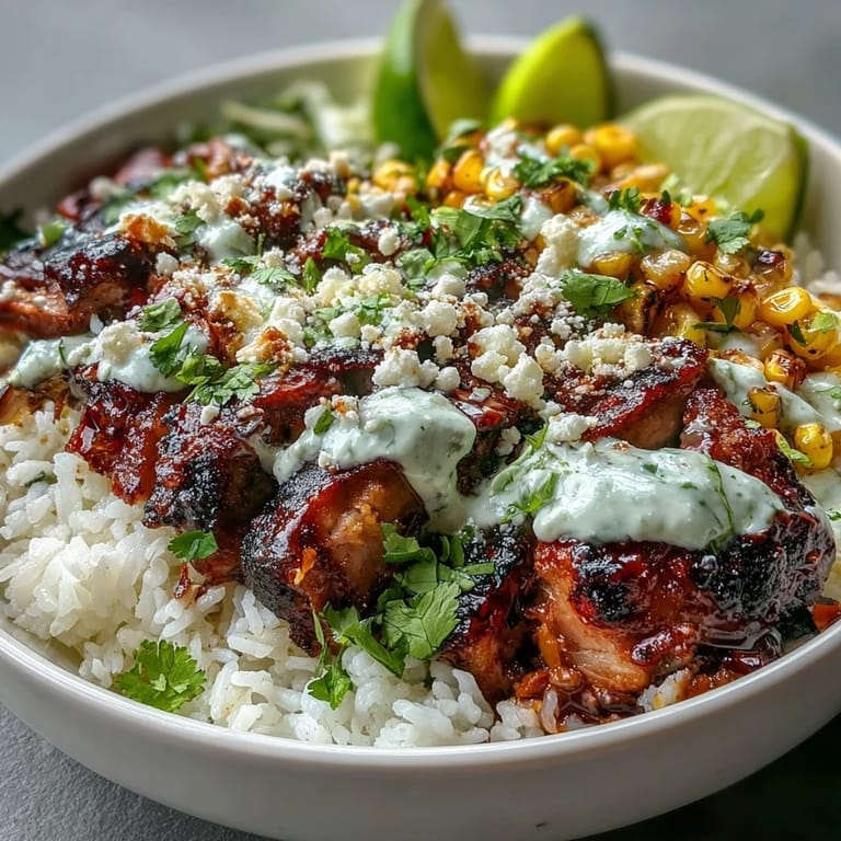 Juicy grilled chicken, golden rice, and charred corn star in Street Corn Chicken and Rice Bowls garnished with cotija, cilantro, and jalapeños.