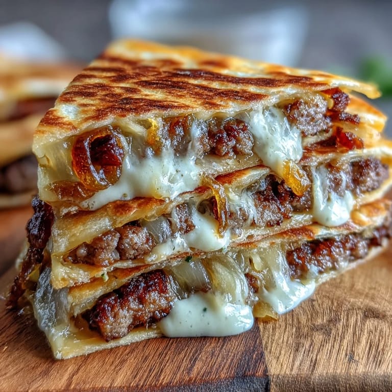 Ready to serve Cheesy Griddled Smashburger Quesadillas on a wooden board, sliced into wedges with a side of tangy sauce.