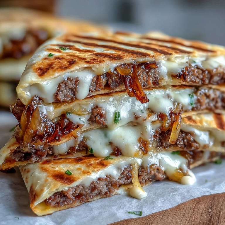 Freshly chopped cilantro garnishes these loaded quesadillas, packed with juicy smashburger patties and sweet grilled onions.