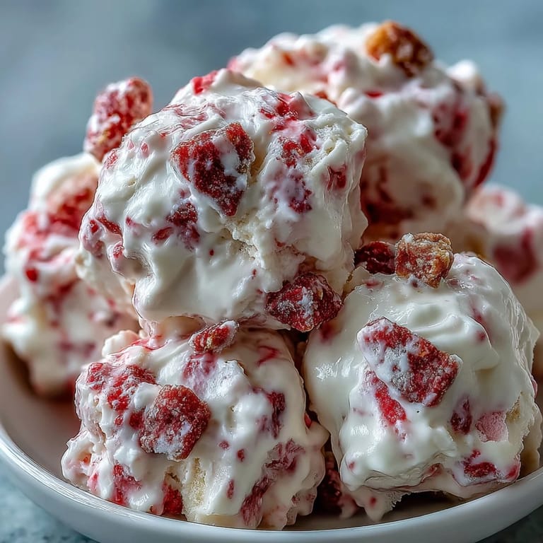 Overhead view of Strawberry & Banana Yoghurt Clusters topped with extra fruit, an ideal gluten-free frozen dessert for healthy snacking or family gatherings.