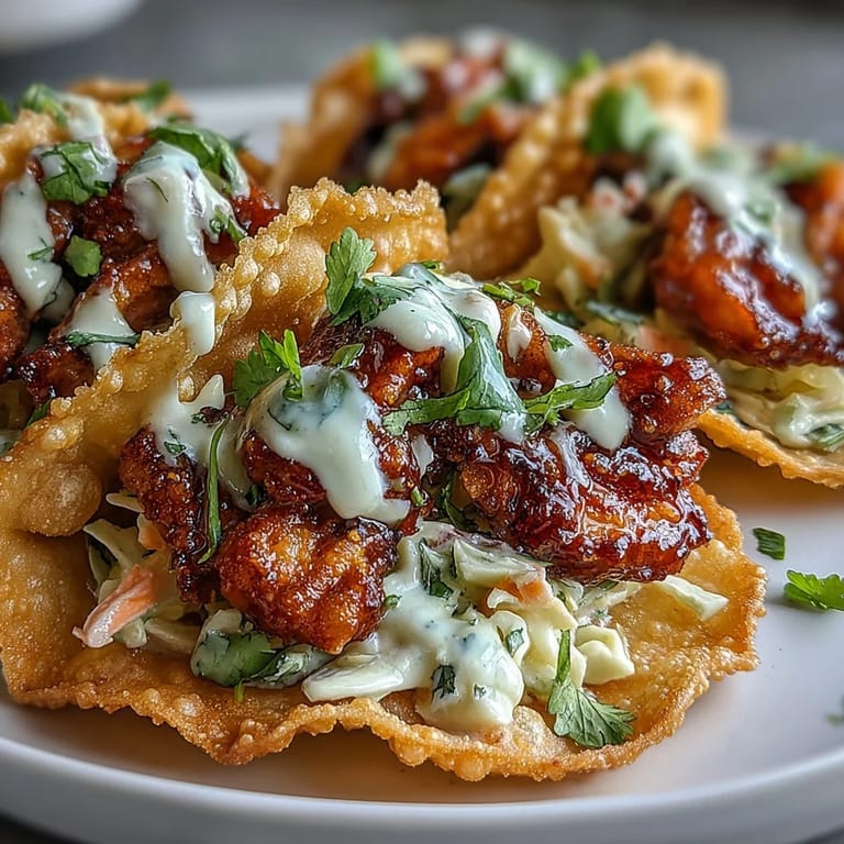 These Crispy Chicken Wonton Tacos offer a crunchy bite, topped with bright cilantro and a zesty lime wedge.