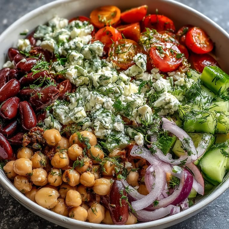 Colorful Greek Bean Salad with lemon-oregano dressing, Kalamata olives, red onion, and fresh herbs served for lunch.