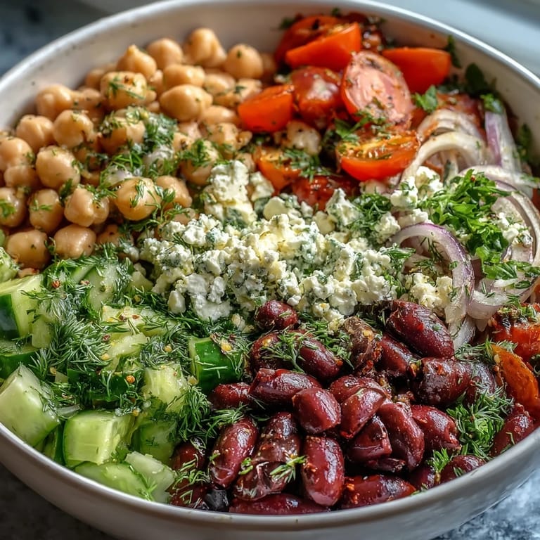 Close-up of Greek Bean Salad showing creamy feta, juicy tomatoes, and tender beans marinated in a zesty lemon dressing.