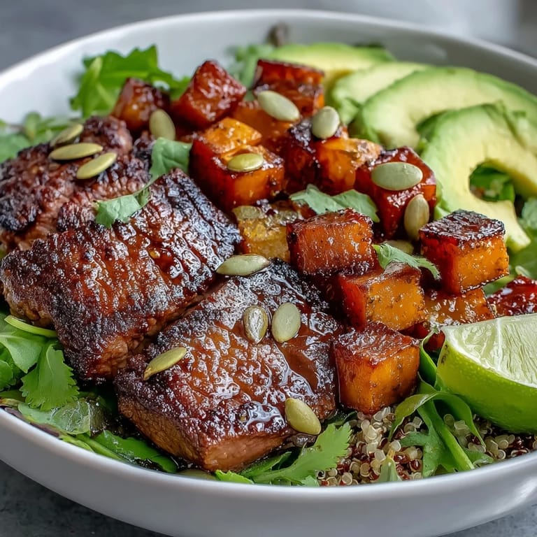 Sliced smoky steak and creamy avocado crown this hearty butternut squash steak bowl, garnished with red onion and toasted pepitas.