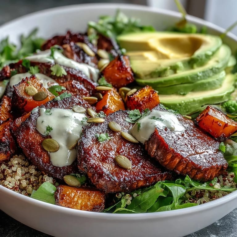 A vibrant forkful of butternut squash steak bowl reveals caramelized squash, juicy steak, and fresh cilantro against a bed of quinoa.