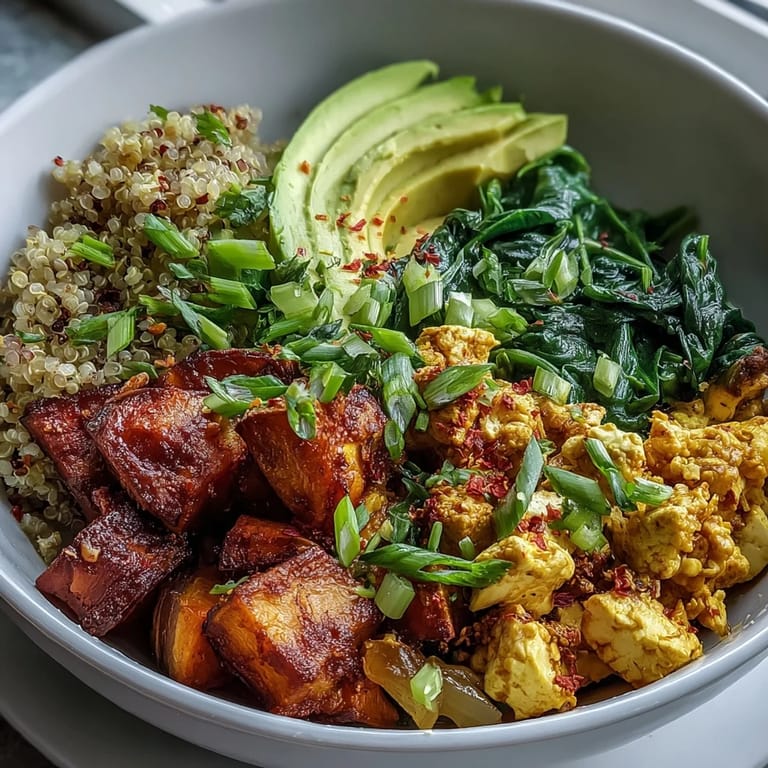 Protein-packed Tofu Scramble Vegan Breakfast Bowl with bright spinach, diced sweet potatoes, and fresh avocado for a nourishing start.