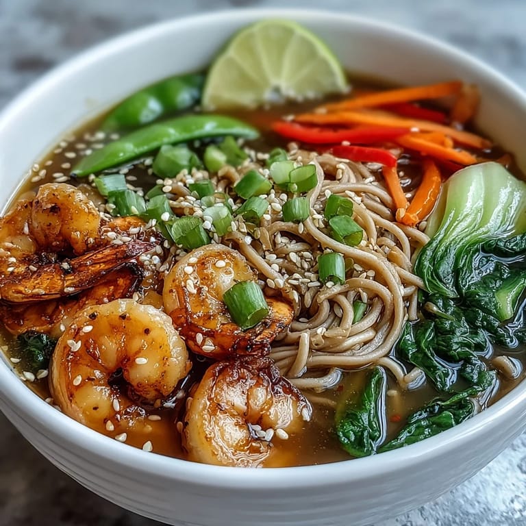 Close-up of Asian Noodle Bowl with Shrimp and Scallops, featuring tender seafood, bok choy, and noodles.