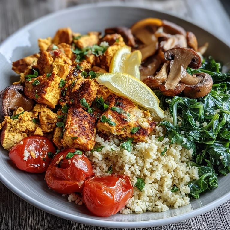 Vibrant vegan breakfast bowl featuring golden scrambled tofu, sautéed mushrooms, and wilted kale served on hearty couscous, perfect for a protein-packed start.