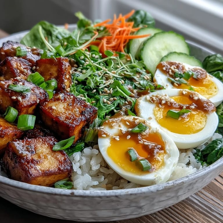 This Tofu Jammy Egg Breakfast Bowl is drizzled with a zesty ginger scallion sauce and sprinkled with sesame seeds.  