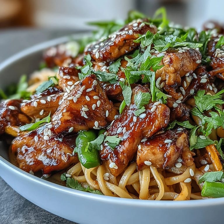 Sesame Chicken Noodle Bowl garnished with cilantro and lime wedges, served hot in a ceramic bowl.