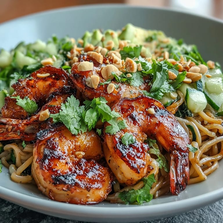 For the Grilled Shrimp Asian Noodle Bowl, charred shrimp garnish noodles with scallions and cilantro, served with lime wedges.