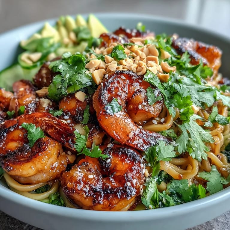 This refreshing Grilled Shrimp Asian Noodle Bowl mixes creamy avocado, crunchy peanuts, and smoky shrimp for a balanced meal.