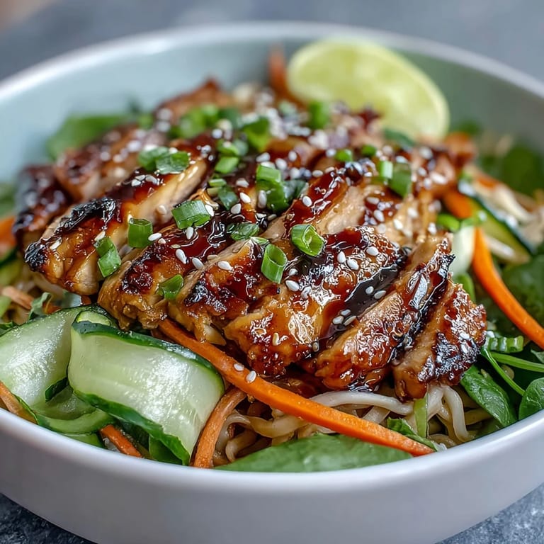 An overhead view of a vibrant Asian Chicken Noodle Bowl, prepared with wheat noodles, sautéed chicken, and crunchy veggies, garnished with spring onions and a spicy chili flake drizzle.