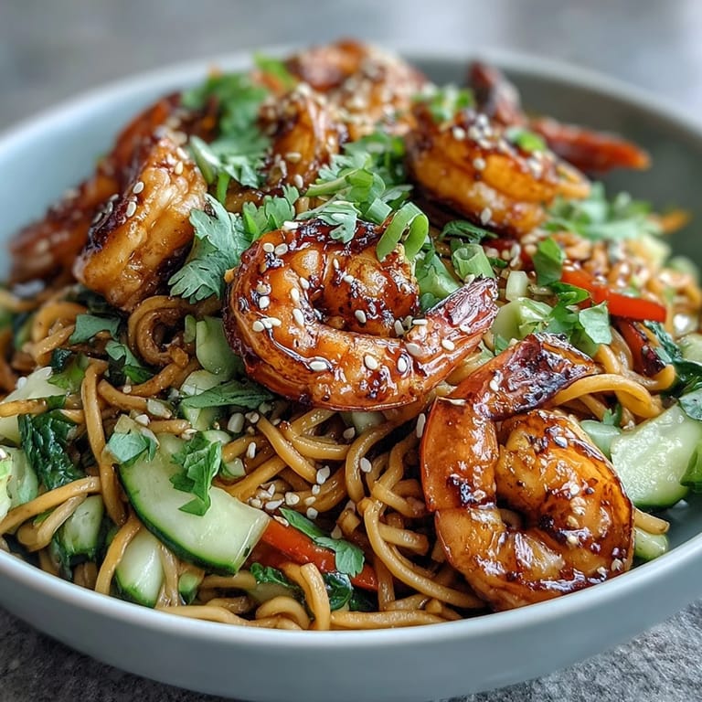 Succulent grilled shrimp rest on sesame noodles with crisp veggies in this quick meal.