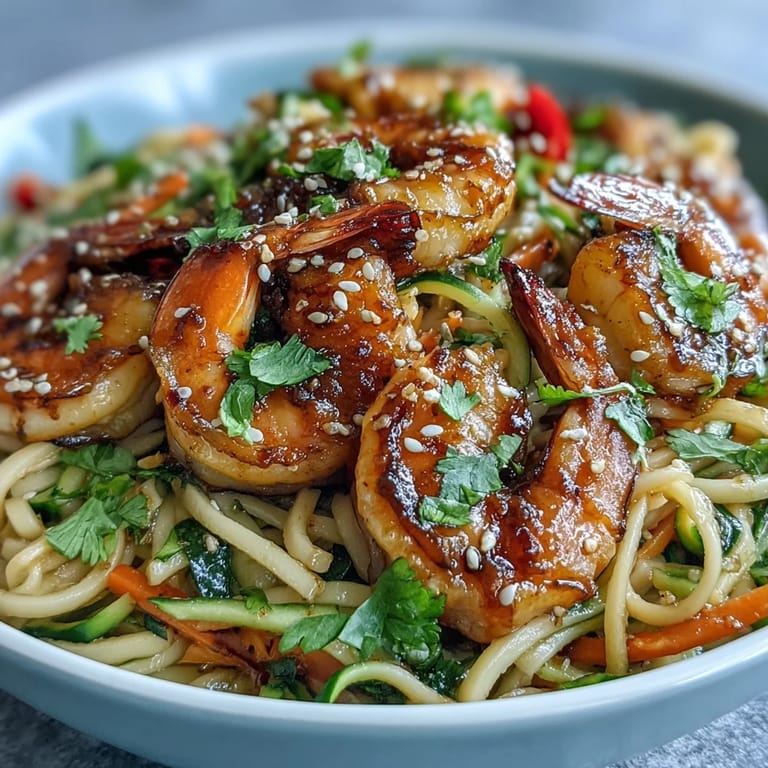 Colorful 15-Minute Asian Noodle Bowl With Grilled Shrimp served in a white ceramic bowl.