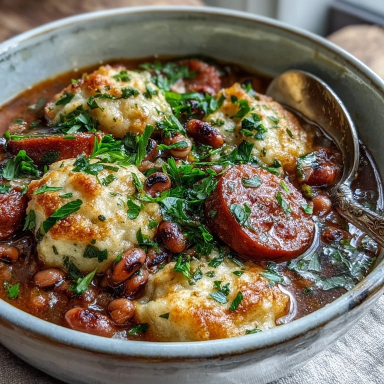 Golden cornmeal and buttermilk dumplings rest atop hearty Black-Eyed Peas and Sausage Dumplings, garnished with fresh green parsley.