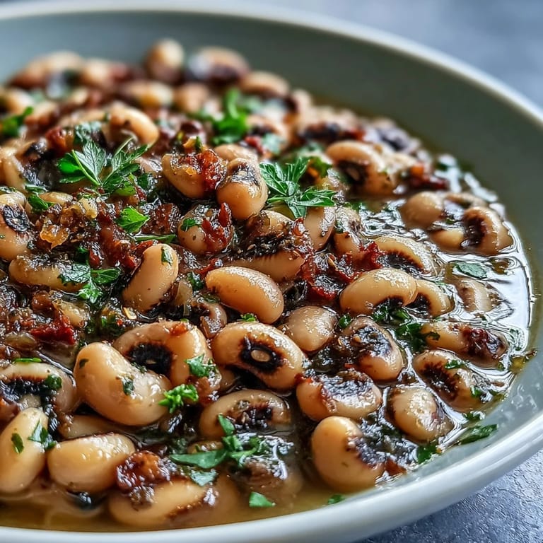 Tender black-eyed peas in a savory tomato and paprika broth, presented in a white bowl with fresh parsley garnish for a Southern-style side dish.
