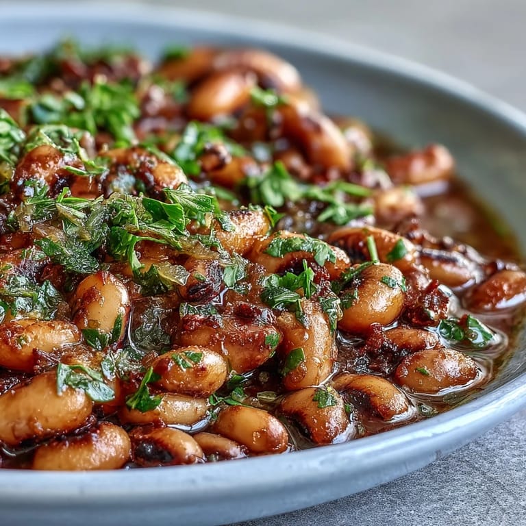A spoon lifting a scoop of hot Frozen Black-Eyed Peas from a saucepan, showcasing the hearty texture and seasoned broth perfect for busy weeknights.
