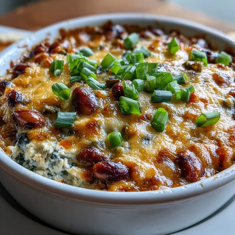 A spoon lifts a cheesy, savory scoop of Hot Black-Eyed Pea Dip, revealing tender black-eyed peas inside.