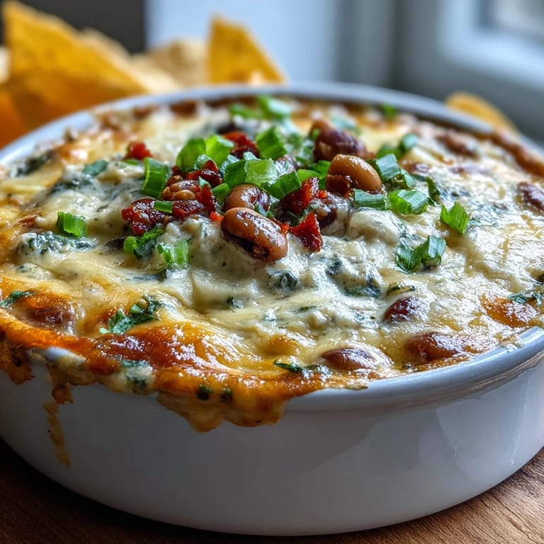 Warm, creamy Hot Black-Eyed Pea Dip in a skillet, garnished with chopped green onions and pickled jalapeños.