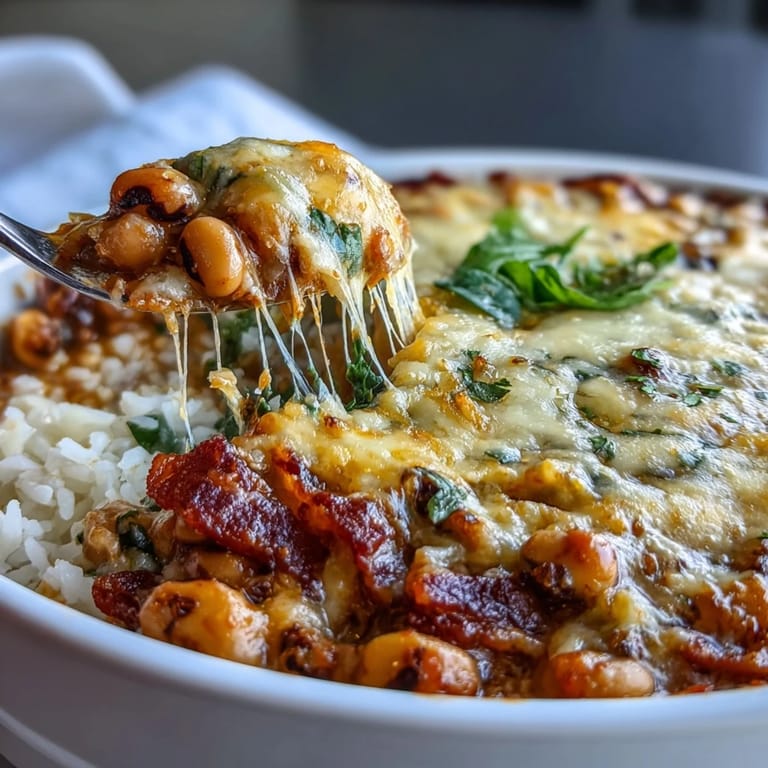 A spoon serves a scoop of Tex Mex Black Eyed Pea Casserole, revealing layers of rice, spinach, and bacon.