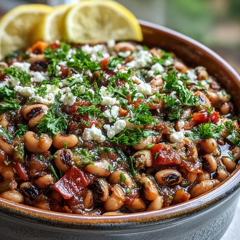 Creamy Greek-Style Slow Cooker Black-Eyed Peas topped with crumbled feta and fresh parsley next to a crusty bread slice.