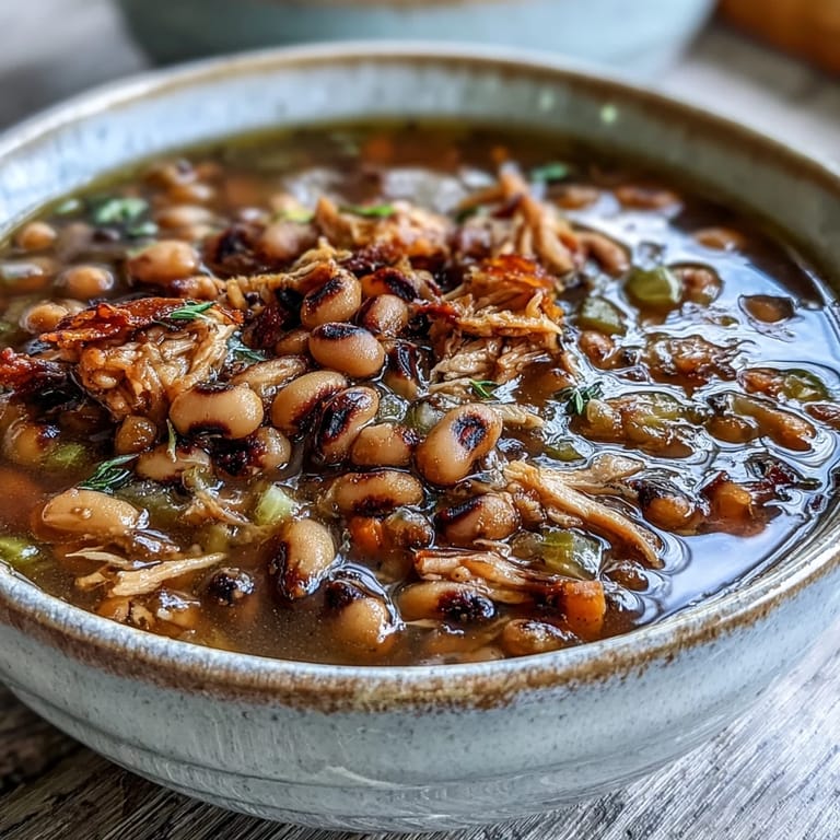 Black-Eyed Peas With Smoked Turkey served hot in a rustic bowl with a side of cornbread and a colorful salad, perfect for a cozy New Year's meal.