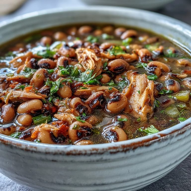 Steaming pot of Black-Eyed Peas With Smoked Turkey featuring diced carrots, celery, and onions, reflecting the hearty and wholesome flavors of classic Southern American cuisine.