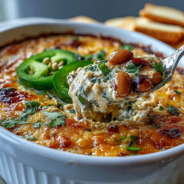 Creamy, cheesy Hot Black-Eyed Pea Dip with Jalapeño and Cumin in a baking dish, bubbling with golden edges and diced red peppers.