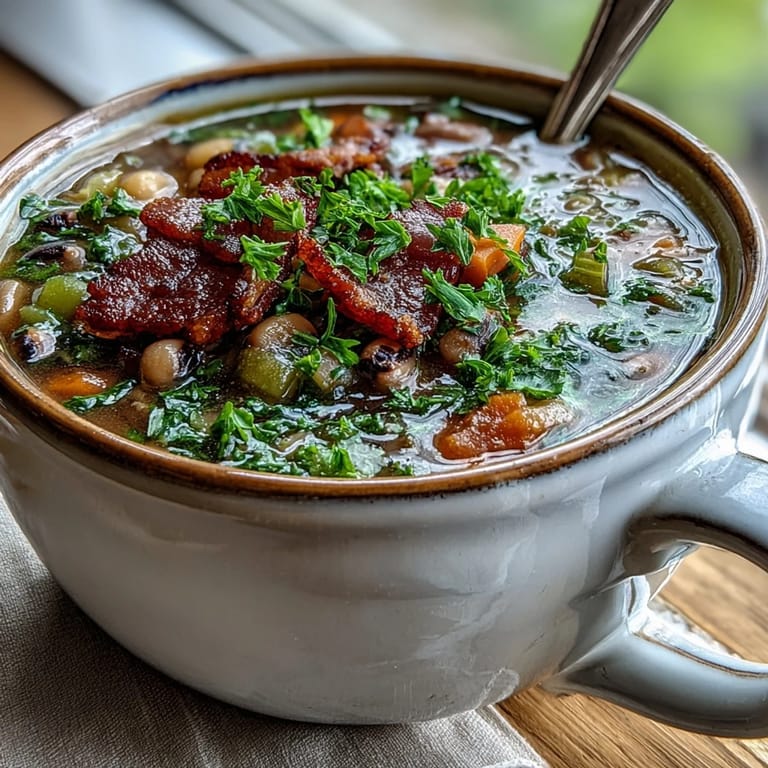 Crackling bacon and tender black-eyed peas simmer in a savory broth, garnished with fresh parsley and served with cornbread on the side.
