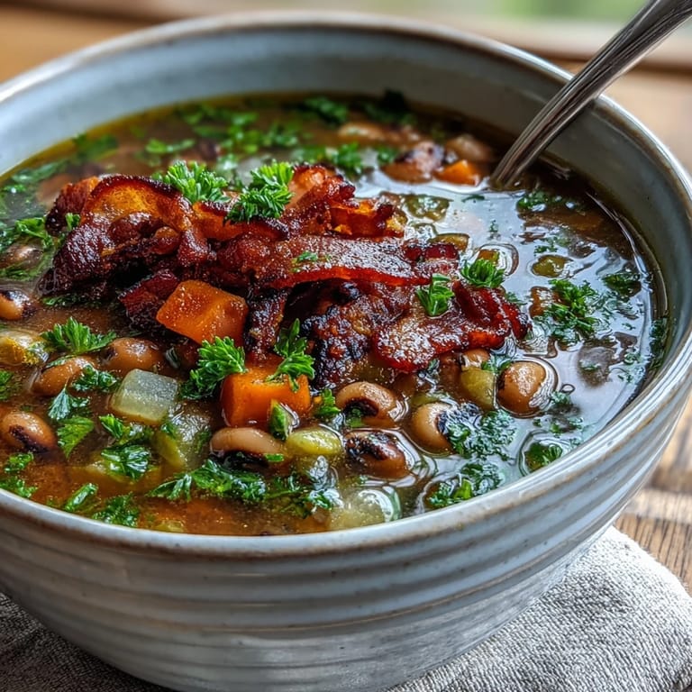 A ladle of steaming Black-Eyed Peas and Bacon Soup held over a pot, highlighting aromatic vegetables and a light, smoky Southern broth.