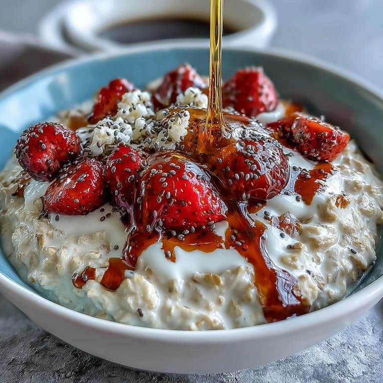 Overnight oats with strawberry and chia, layered with fresh berries and crunchy nuts for a wholesome, satisfying start.