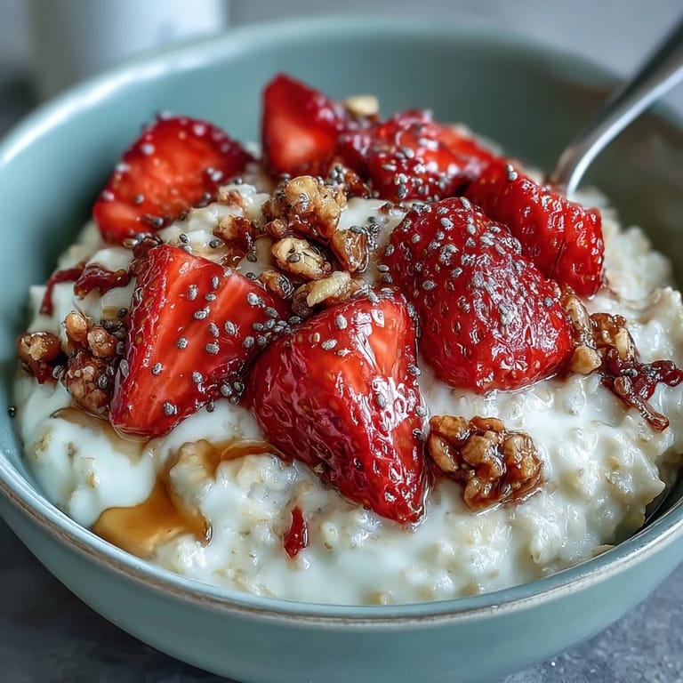 Layered Strawberry Overnight Oats with Chia Seeds and Granola - overnight oats mixed with juicy strawberries, chia seeds, and topped with crispy granola.