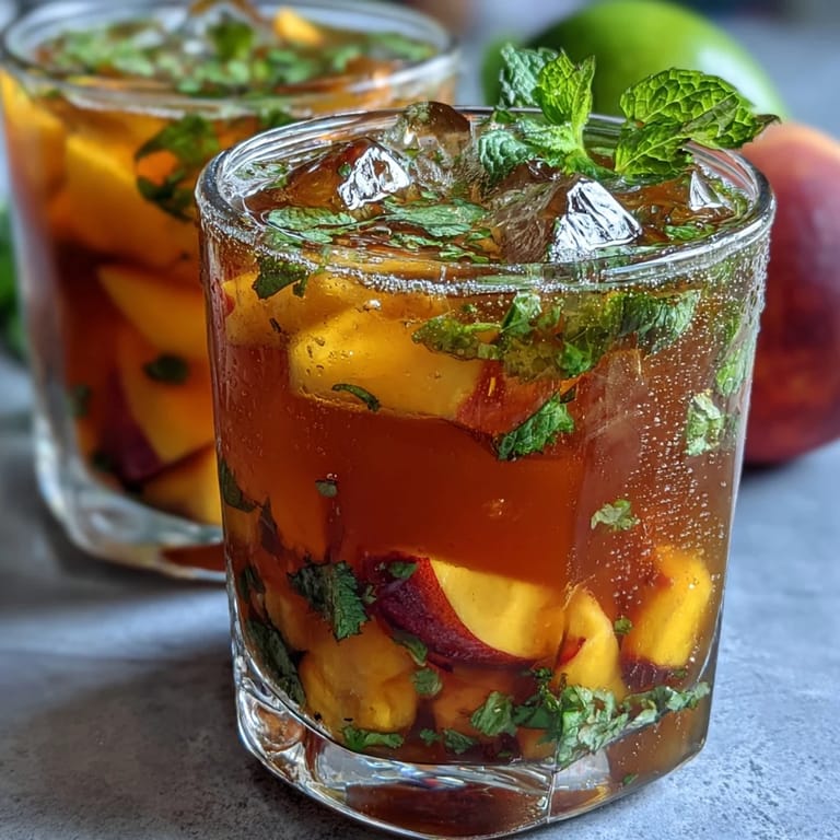 Refreshing homemade mango peach iced tea with a sprig of mint, showcasing a golden hue and chilled in a clear glass pitcher.