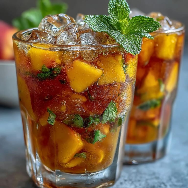 Close-up of a pitcher filled with fruity mango peach iced tea, garnished with mint and peach slices, ready to serve.